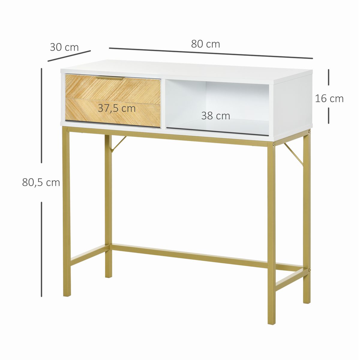 Mueble recibidor Caps Homcom armario + estante abierto blanco/dorado 80,5x80x30 cm medidas