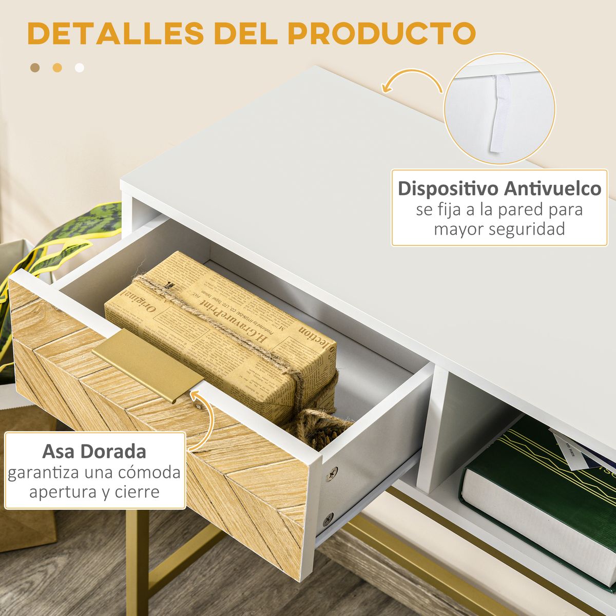 Mueble recibidor Caps Homcom armario + estante abierto blanco/dorado 80,5x80x30 cm detalles interior