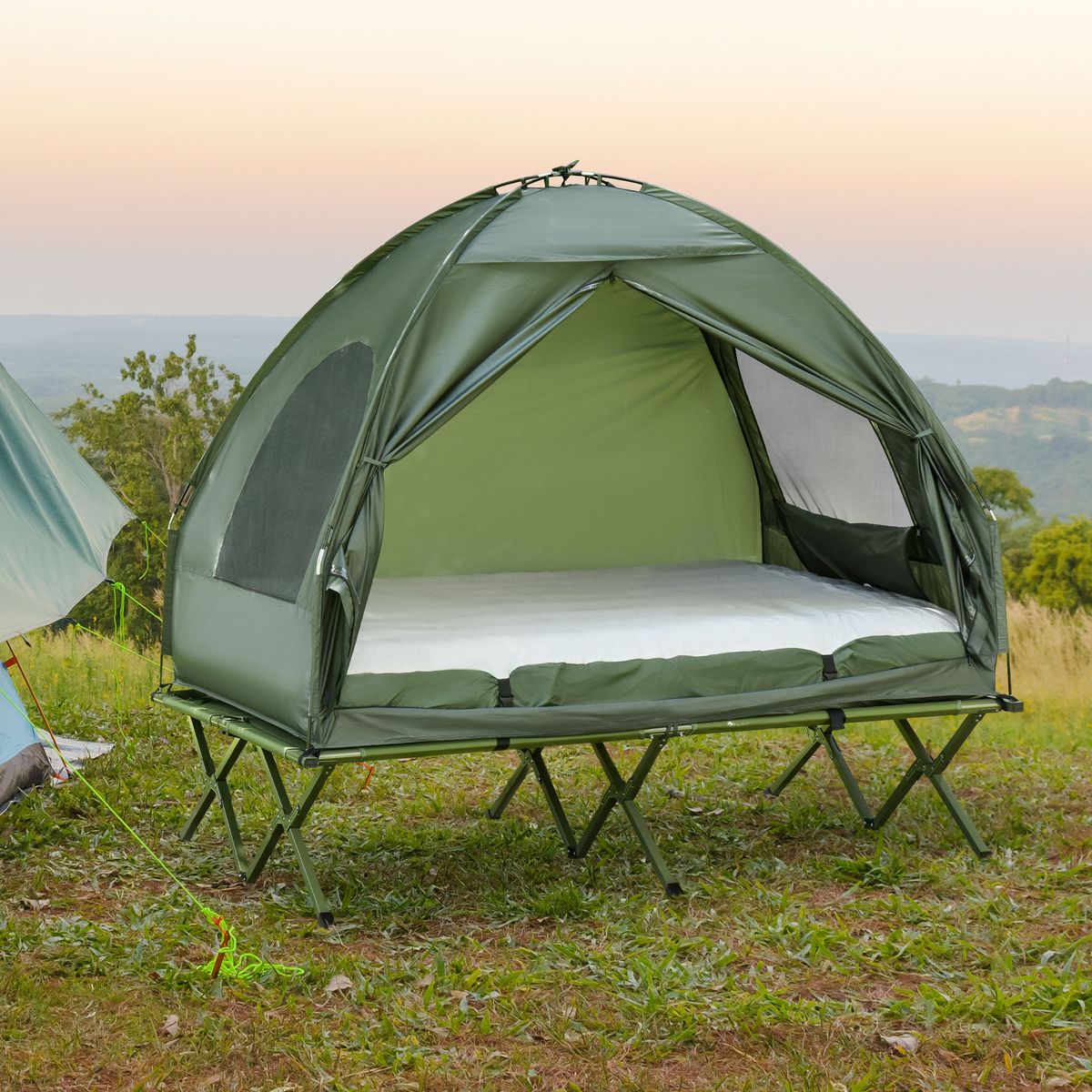 Tienda de campaña Vision Outsunny plegable con colchón doble verde 180x193x145 cm animada
