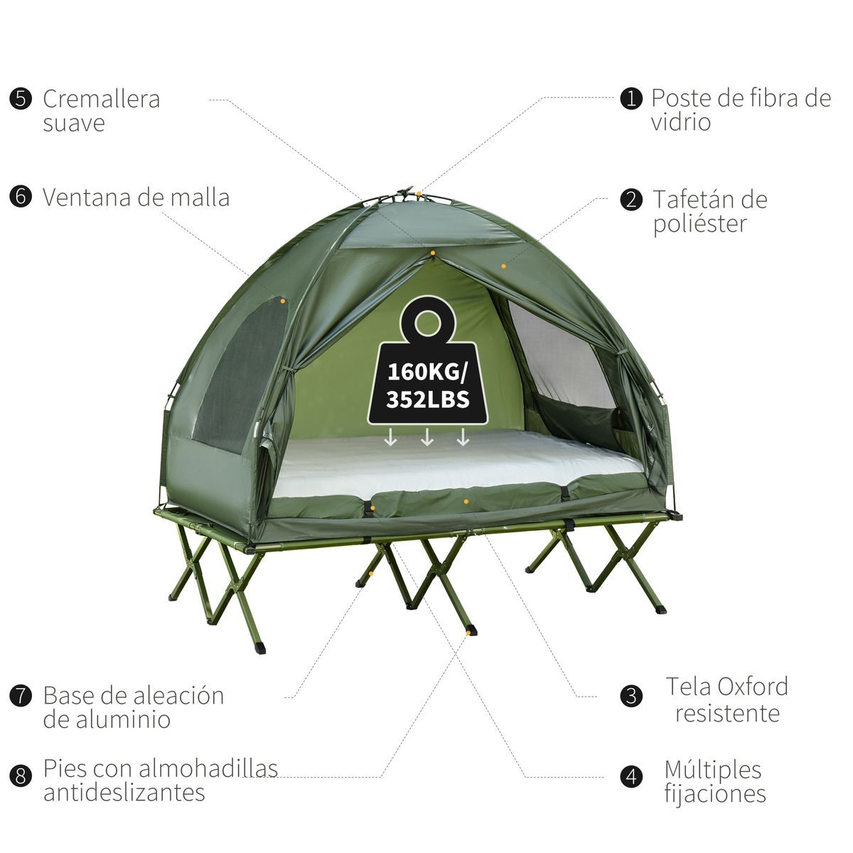 Tienda de campaña Vision Outsunny plegable con colchón doble verde 180x193x145 cm tienda