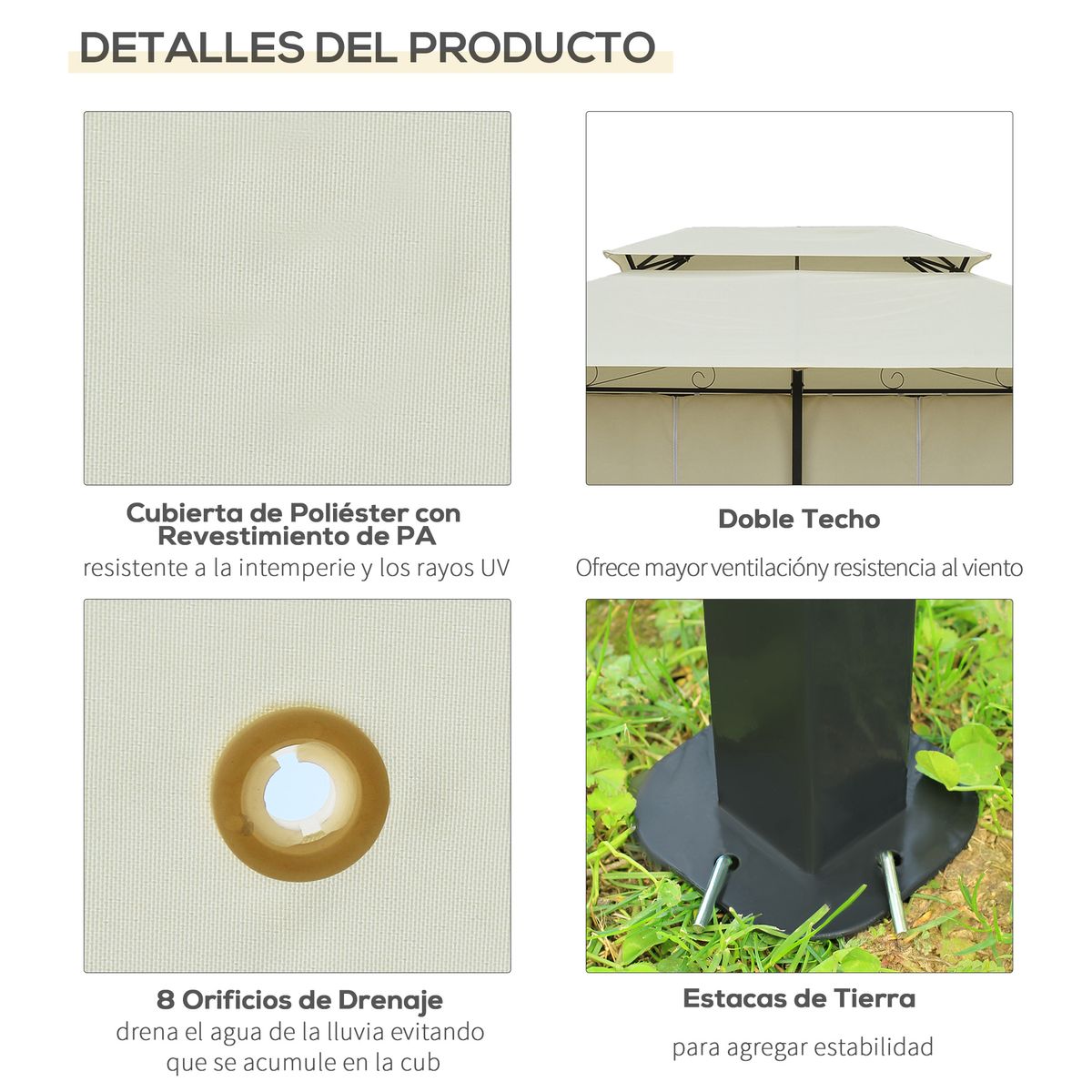 Cenador de jardín Outsunny techo doble 6 cortinas crema 3x4m 5