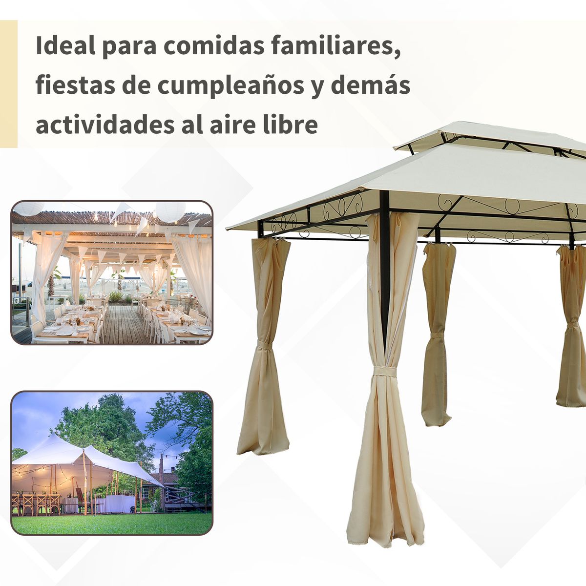 Cenador de jardín Outsunny techo doble 6 cortinas crema 3x4m 6