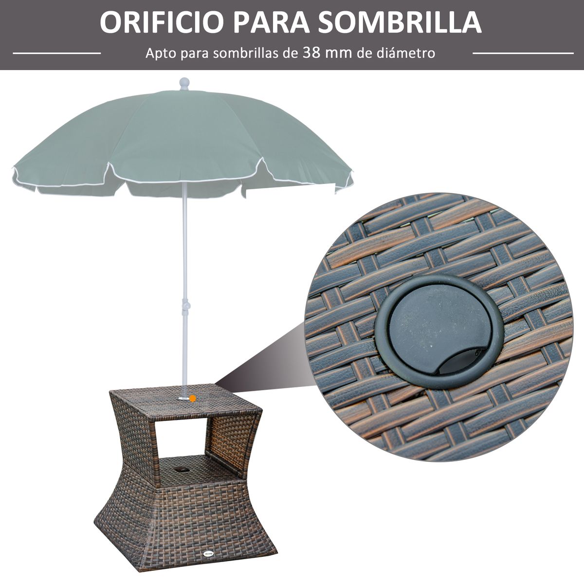 Mesa de centro de jardín Outsunny ratán con agujero para sombrilla marrón 55x54x54 cm 4