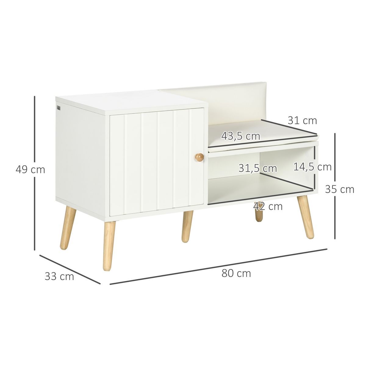 Banco zapatero Mikko Homcom 1 puerta con cojín blanco 49x80x33 cm medidas
