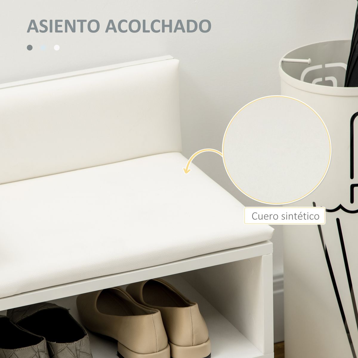 Banco zapatero Mikko Homcom 1 puerta con cojín blanco 49x80x33 cm detalle web