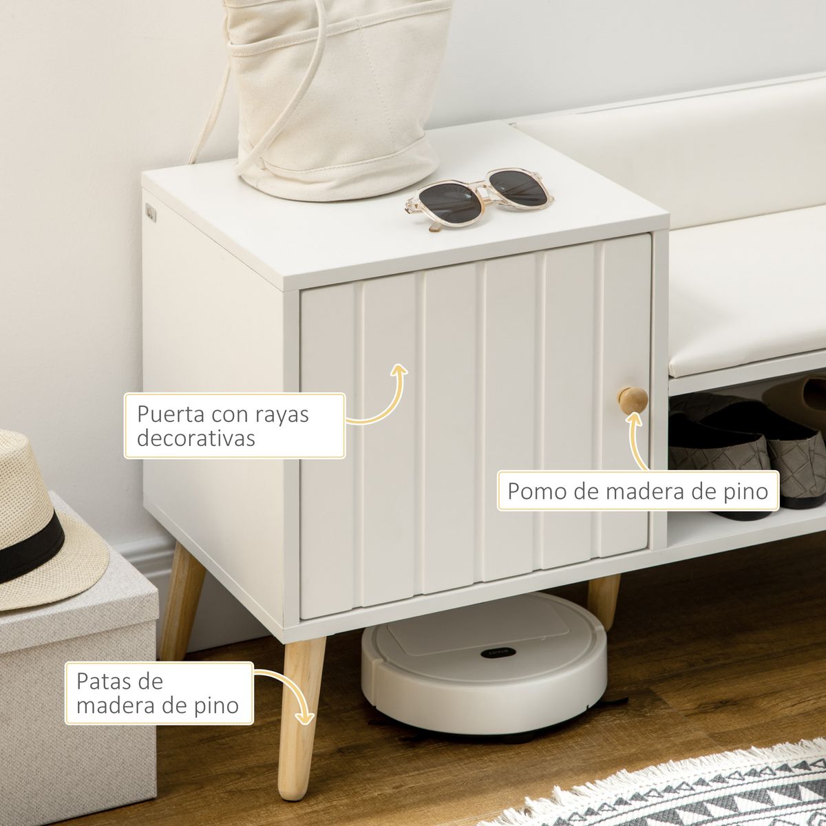 Banco zapatero Mikko Homcom 1 puerta con cojín blanco 49x80x33 cm detalle mueble