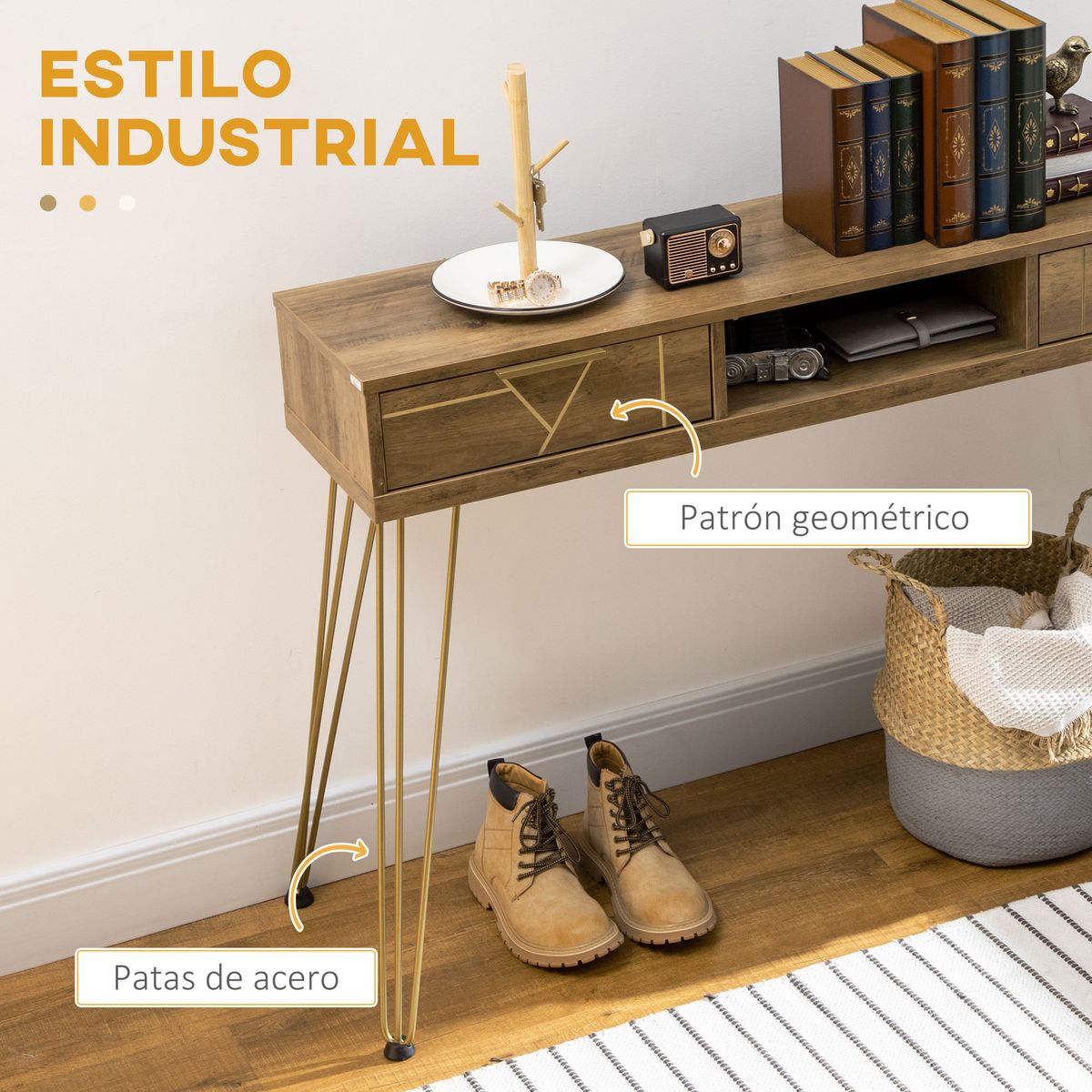 Mueble recibidor Belice Homcom 2 cajones + estante abierto natural 79x120x29 cm web