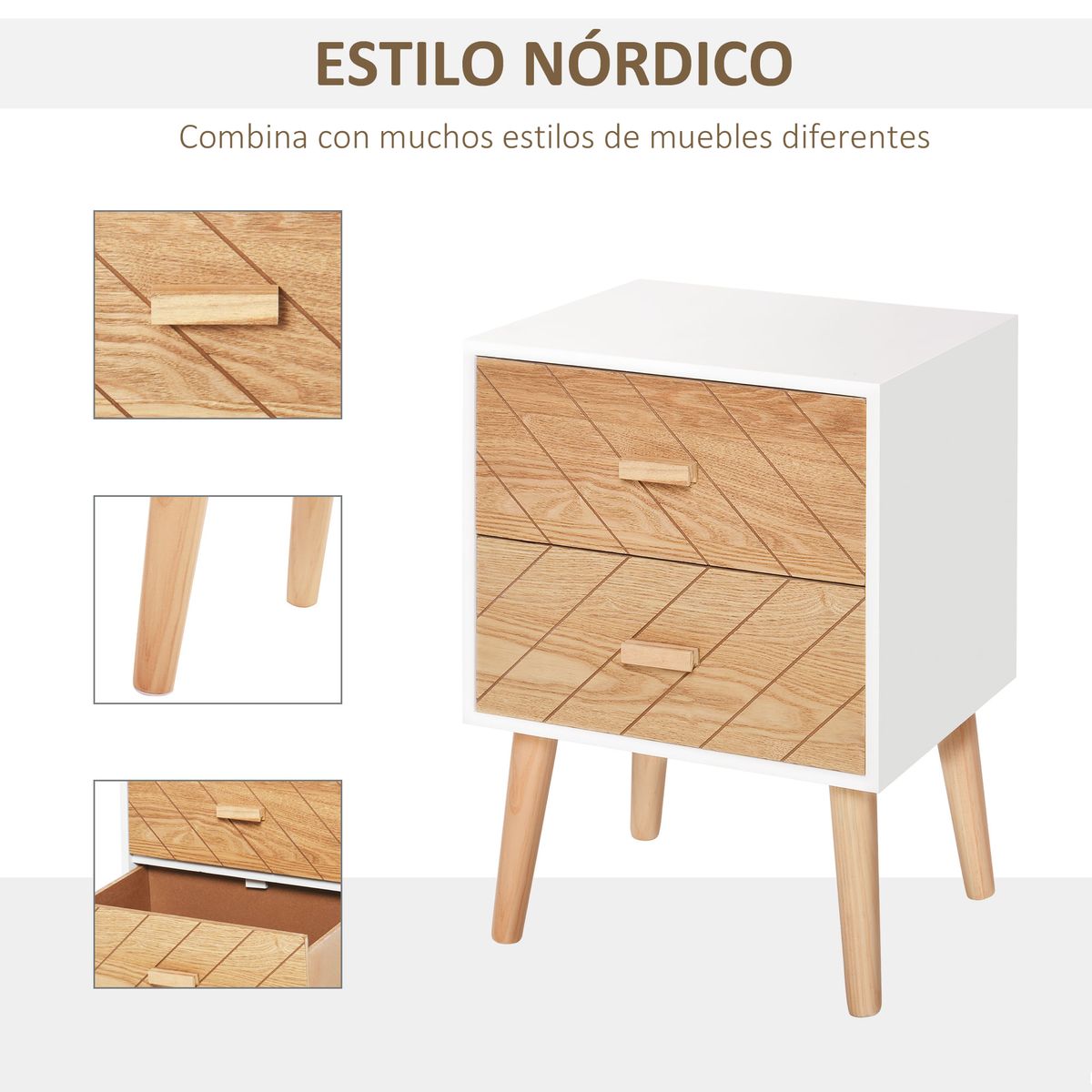 Mesita de noche Robe Homcom 2 cajones blanco/natural 55,5x40x30 cm web