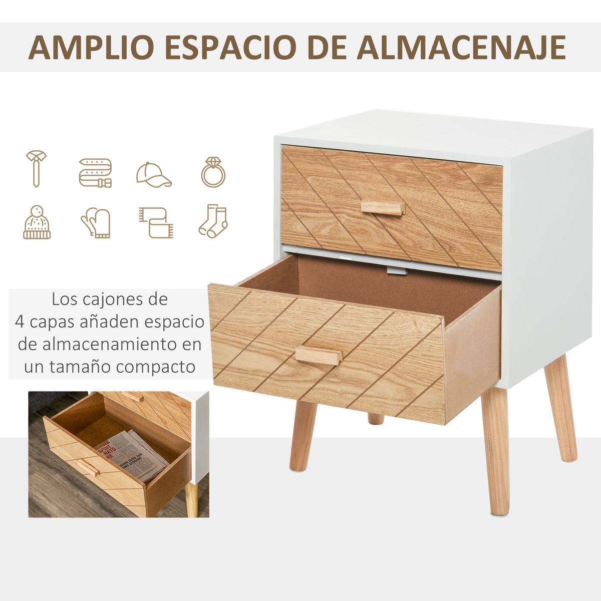 Mesita de noche Robe Homcom 2 cajones blanco/natural 55,5x40x30 cm detalle cajon