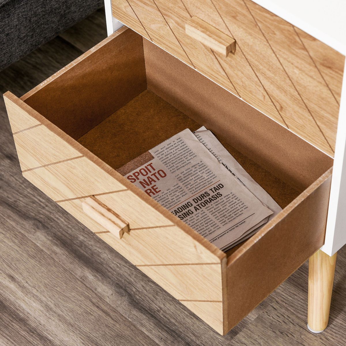 Mesita de noche Robe Homcom 2 cajones blanco/natural 55,5x40x30 cm interior cajon