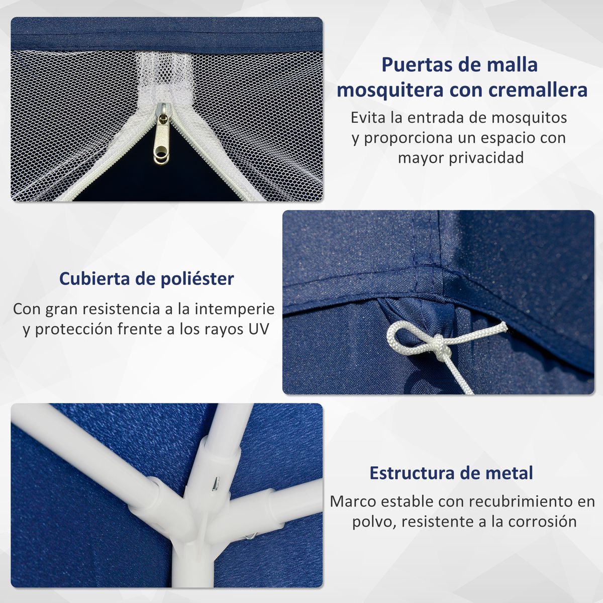 Carpa de jardín Balik Outsunny con mosquitera azul 3x3 m detalles