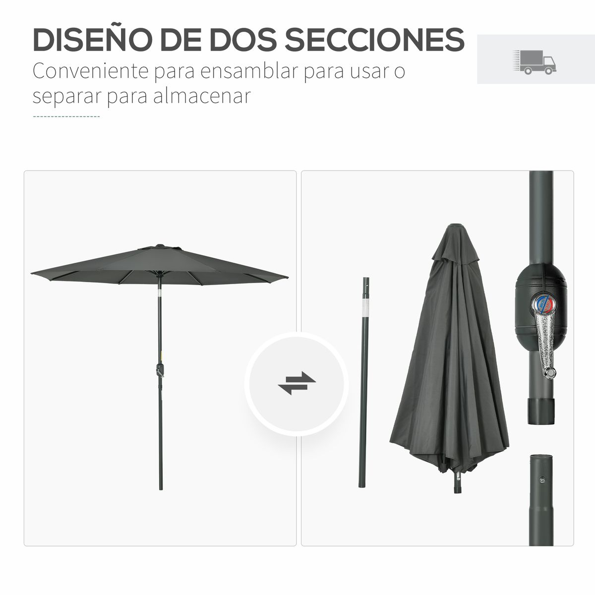 Sombrilla de jardín Outsunny protección UV 50+ gris ø264x253 cm 6