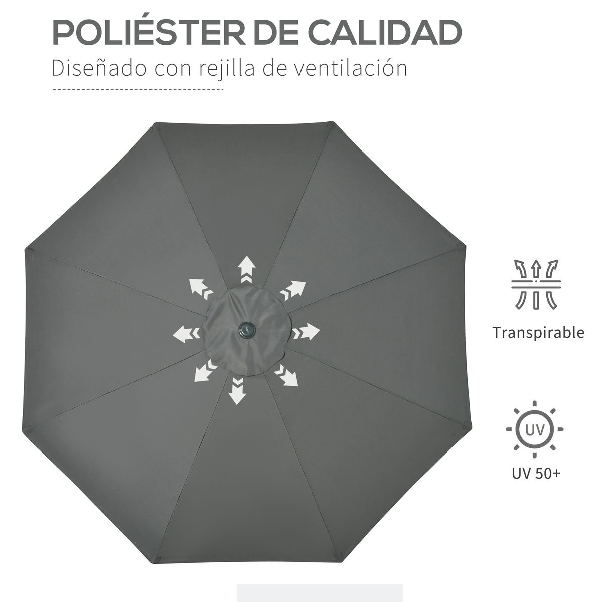 Sombrilla de jardín Outsunny protección UV 50+ gris ø264x253 cm 8