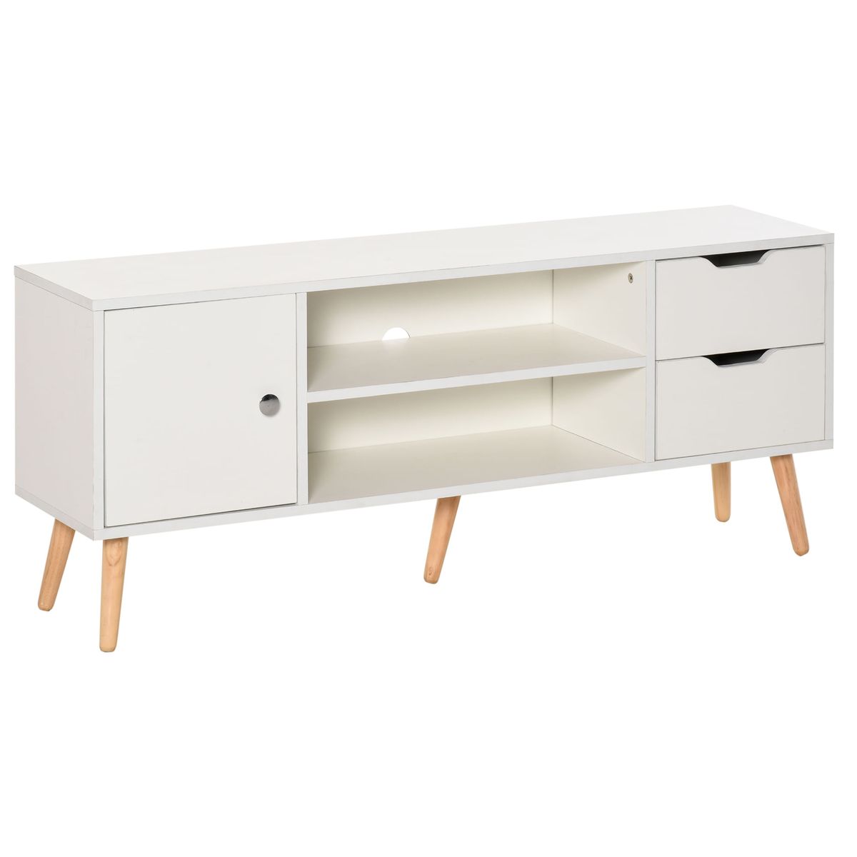 Mueble bajo de TV Sybil Homcom con estantes abiertos blanco 44x120x28 cm fondo blanco