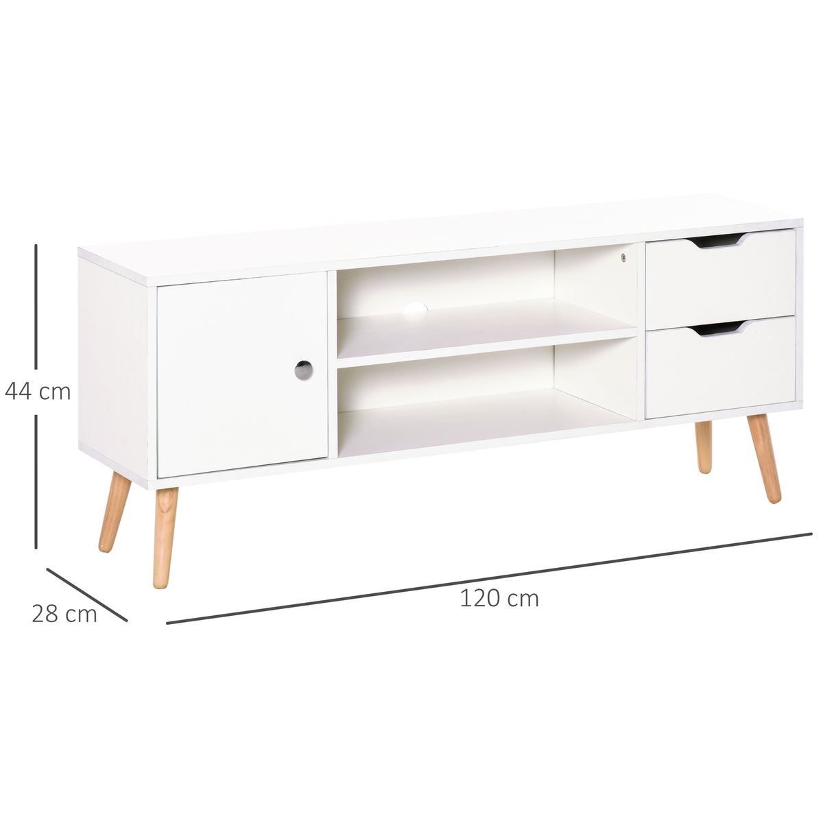 Mueble bajo de TV Sybil Homcom con estantes abiertos blanco 44x120x28 cm medidas