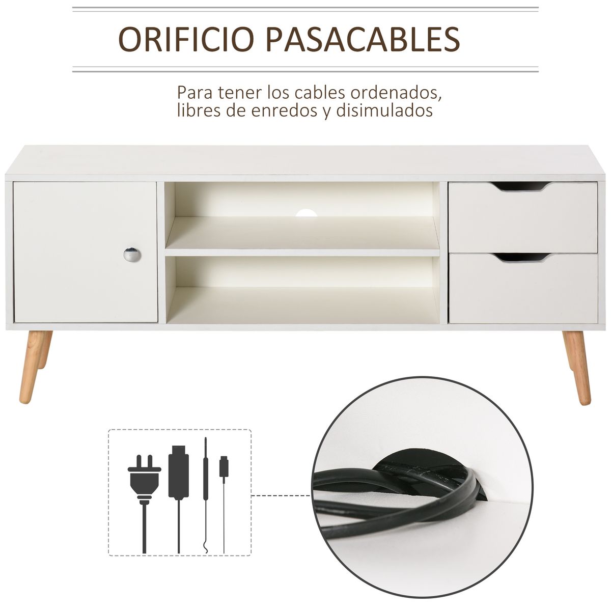 Mueble bajo de TV Sybil Homcom con estantes abiertos blanco 44x120x28 cm web