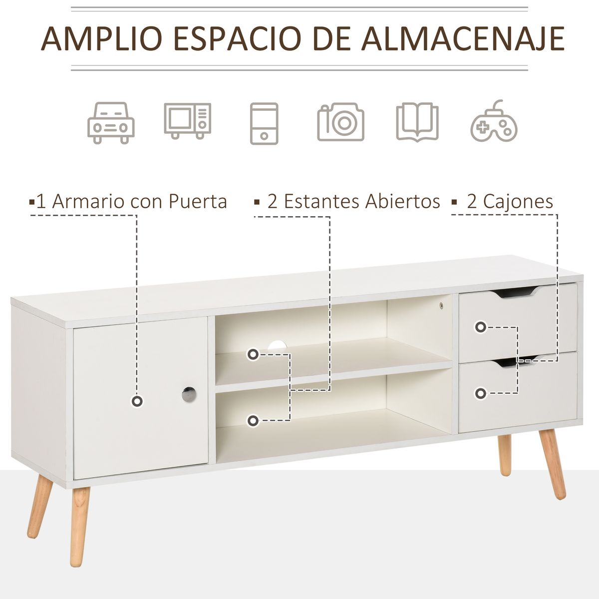 Mueble bajo de TV Sybil Homcom con estantes abiertos blanco 44x120x28 cm web detalles