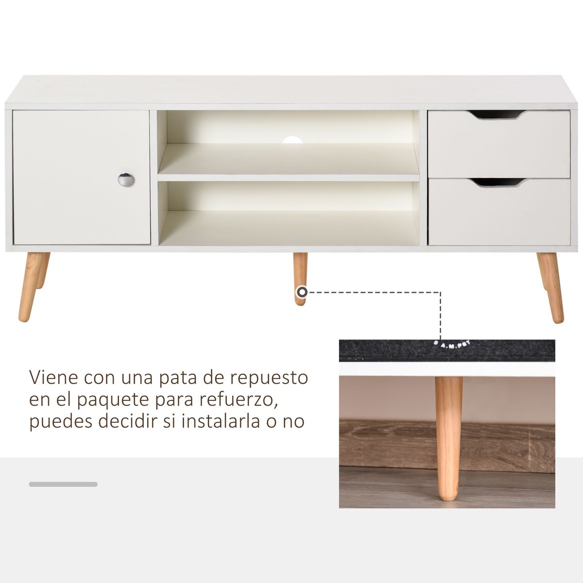 Mueble bajo de TV Sybil Homcom con estantes abiertos blanco 44x120x28 cm detalles