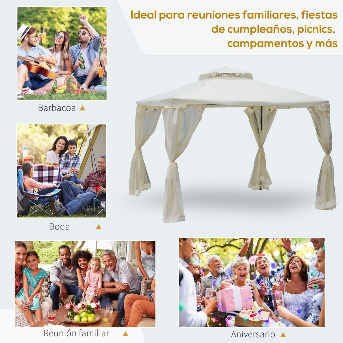 Carpa de jardín Otti Outsunny 4 cortinas crema 3x3 m reunion familiar