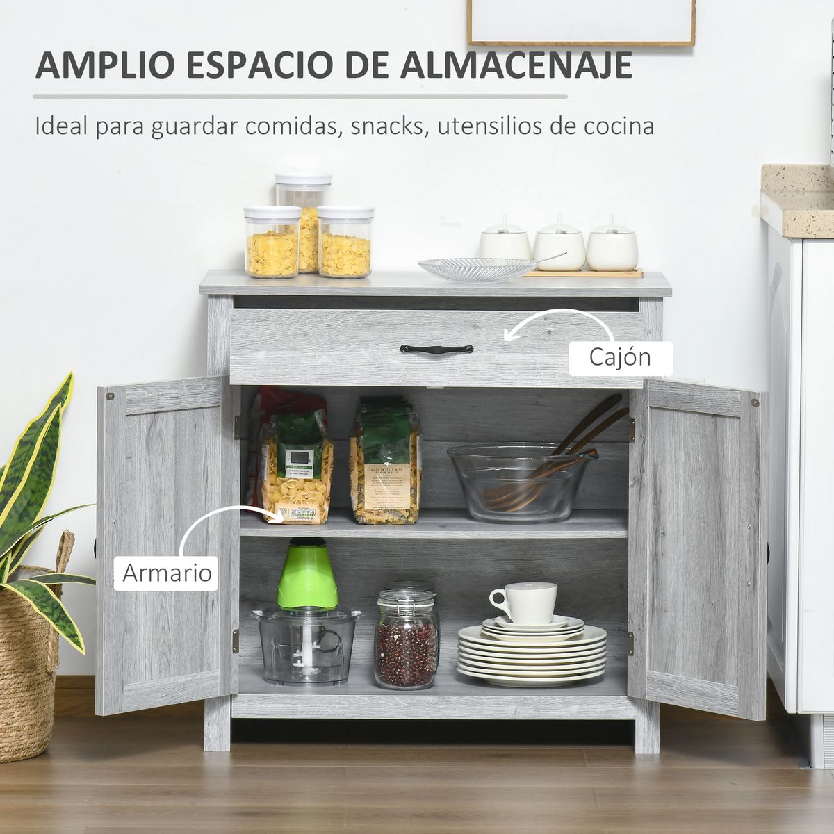 Aparador de cocina Tomas Homcom 1 cajón + 2 puertas gris 80x80x39,7 cm 4