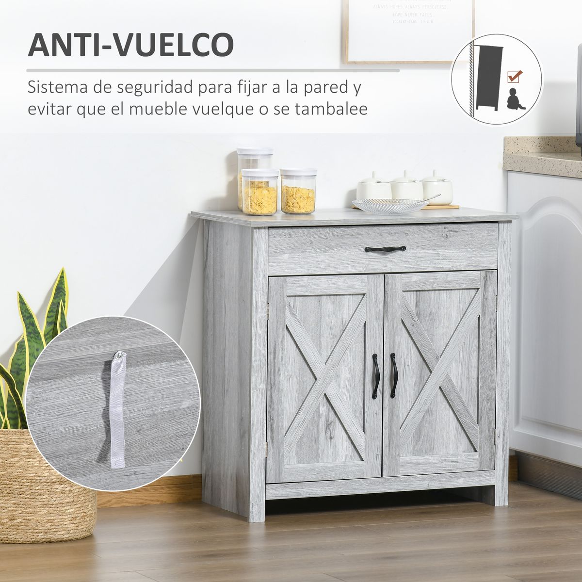Aparador de cocina Tomas Homcom 1 cajón + 2 puertas gris 80x80x39,7 cm 6
