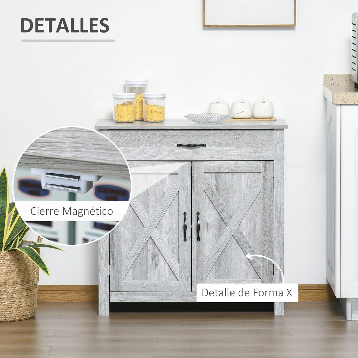 Aparador de cocina Tomas Homcom 1 cajón + 2 puertas gris 80x80x39,7 cm 7