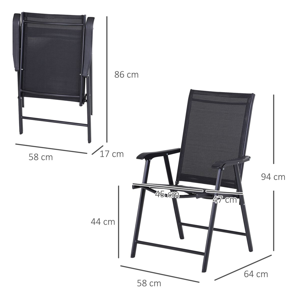 Pack de 2 sillas Melak Outsunny para exterior plegables negro 94x58x64 cm medidas