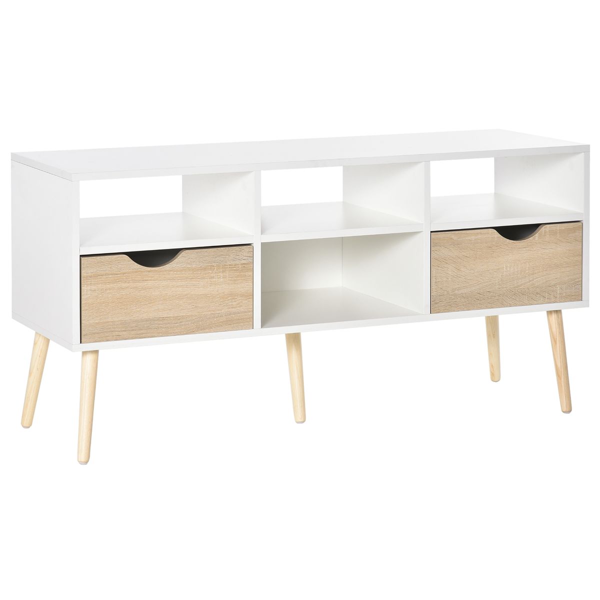 Mueble de TV Moca Homcom 2 cajones + 4 estantes blanco/madera 57x117x39 cm fondo blanco