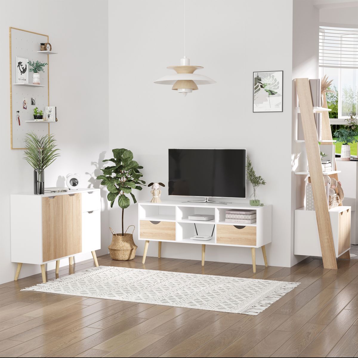 Mueble de TV Moca Homcom 2 cajones + 4 estantes blanco/madera 57x117x39 cm animada
