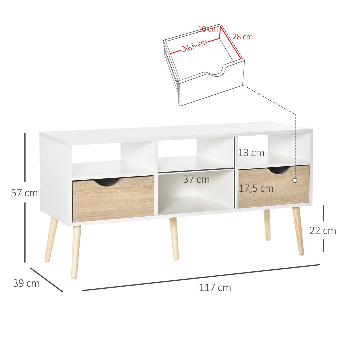 Mueble de TV Moca Homcom 2 cajones + 4 estantes blanco/madera 57x117x39 cm medidas