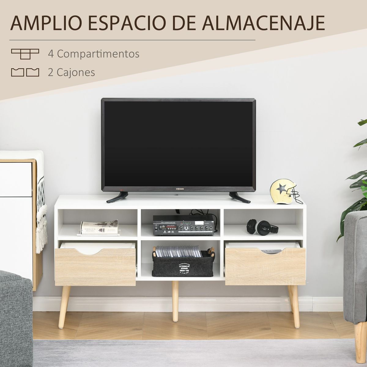 Mueble de TV Moca Homcom 2 cajones + 4 estantes blanco/madera 57x117x39 cm web