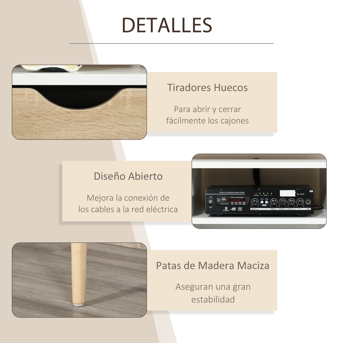 Mueble de TV Moca Homcom 2 cajones + 4 estantes blanco/madera 57x117x39 cm detalle web