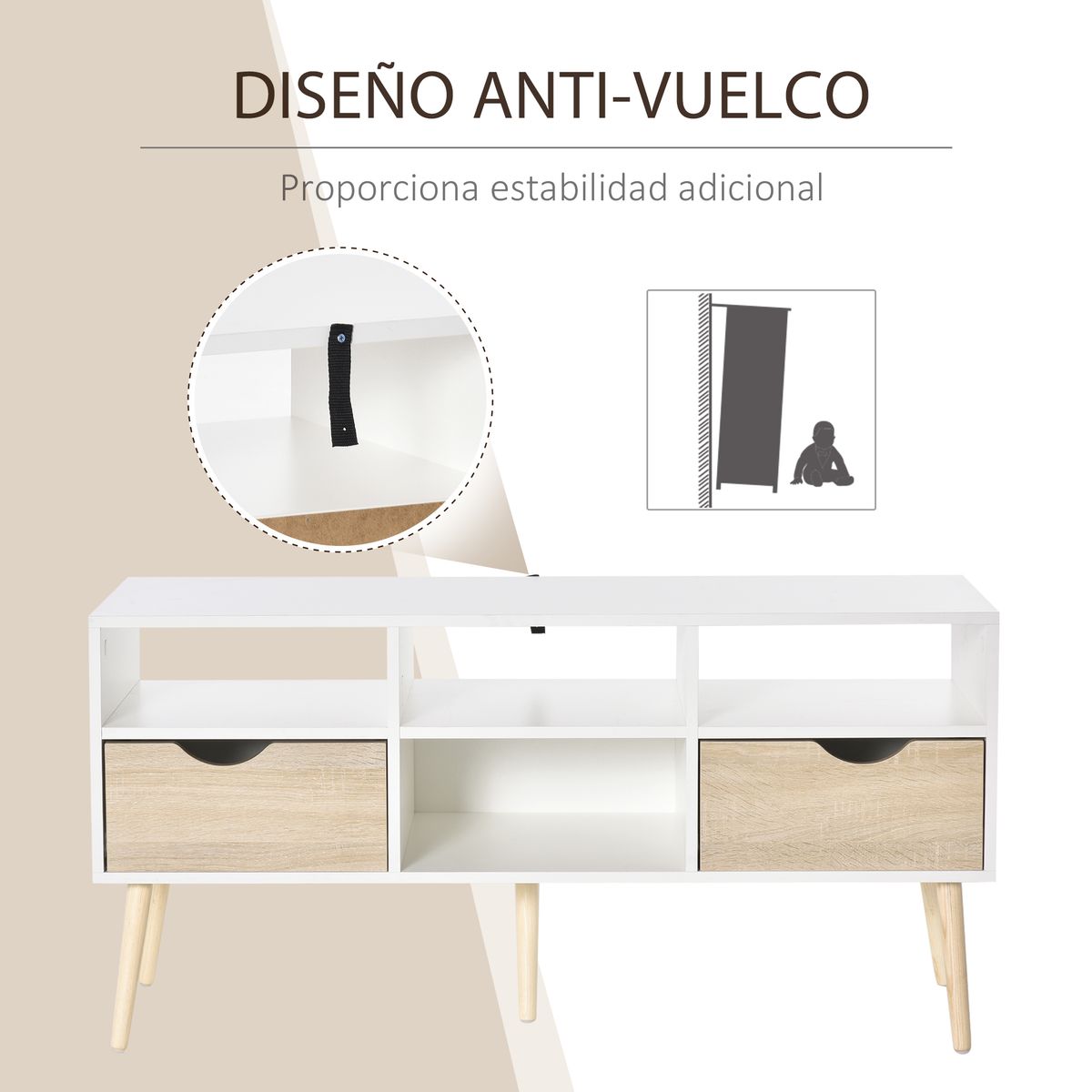 Mueble de TV Moca Homcom 2 cajones + 4 estantes blanco/madera 57x117x39 cm mueble de tele