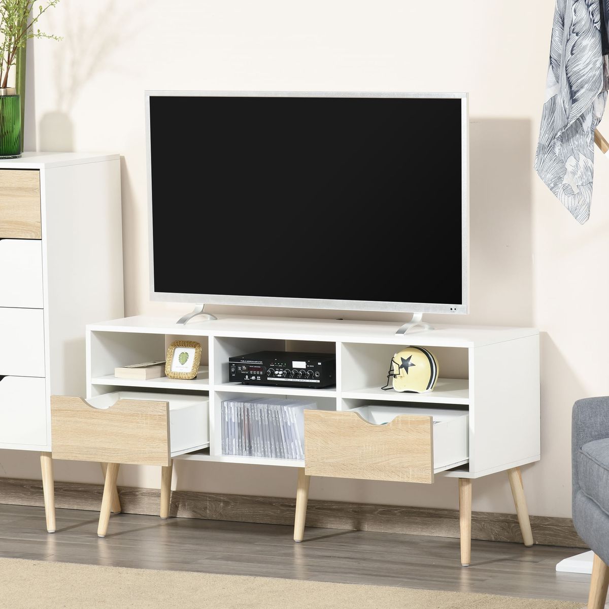 Mueble de TV Moca Homcom 2 cajones + 4 estantes blanco/madera 57x117x39 cm animada