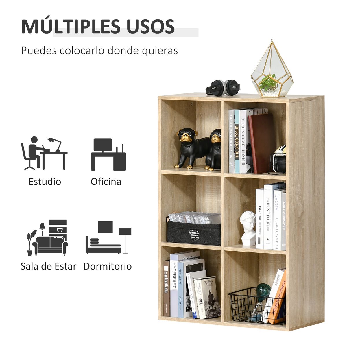 Estantería Corozal Homcom 6 módulos natural 97,5x65,5x30 cm detalles estanteria