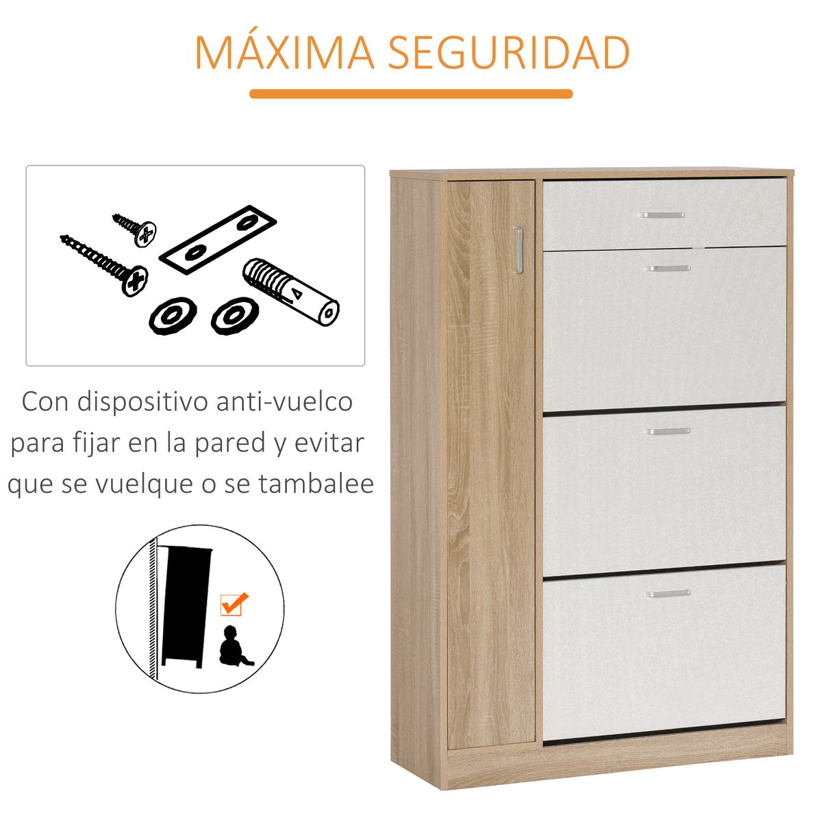 Mueble zapatero San Lorenzo Homcom 3 puertas 18-27 pares natural/blanco 132x84x30 cm 7