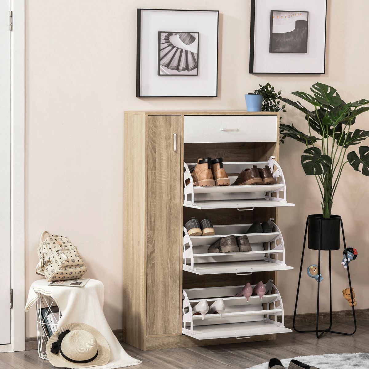Mueble zapatero San Lorenzo Homcom 3 puertas 18-27 pares natural/blanco 132x84x30 cm 8