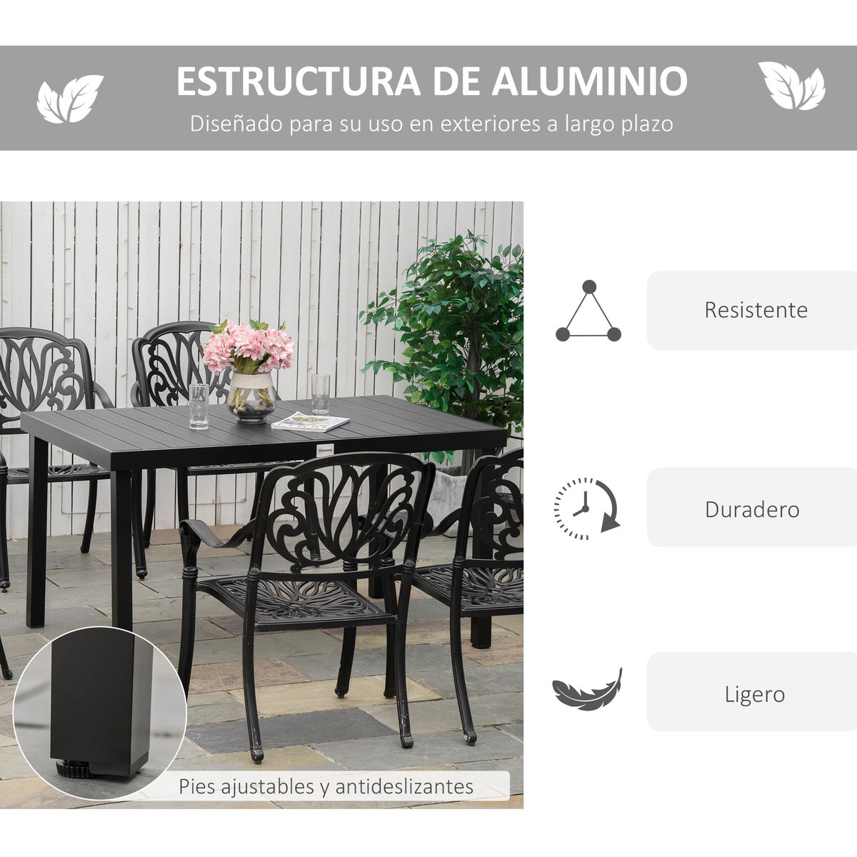 Mesa de jardín Outsunny rectangular 6 personas negro 74x140x90 cm 4