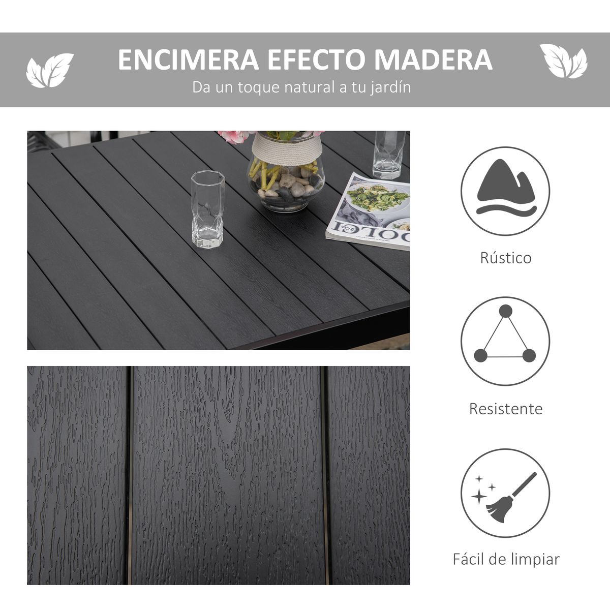 Mesa de jardín Outsunny rectangular 6 personas negro 74x140x90 cm 5