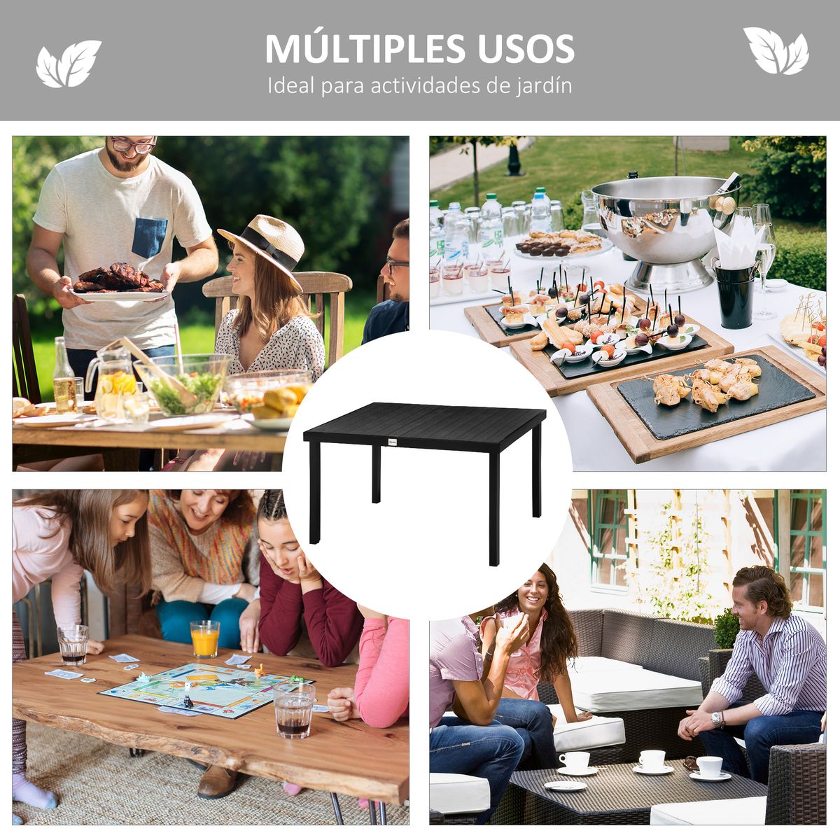 Mesa de jardín Outsunny rectangular 6 personas negro 74x140x90 cm 6