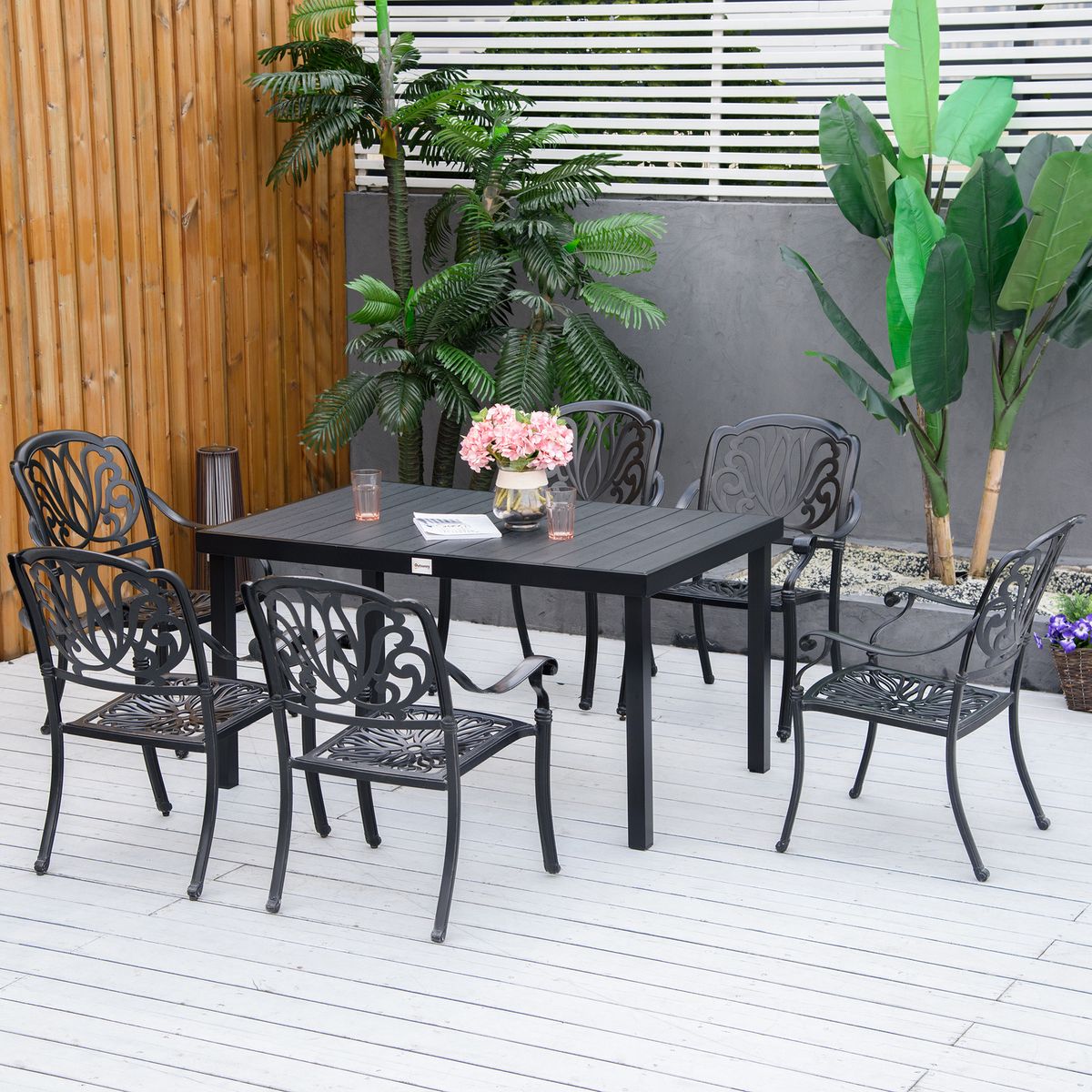 Mesa de jardín Outsunny rectangular 6 personas negro 74x140x90 cm 7