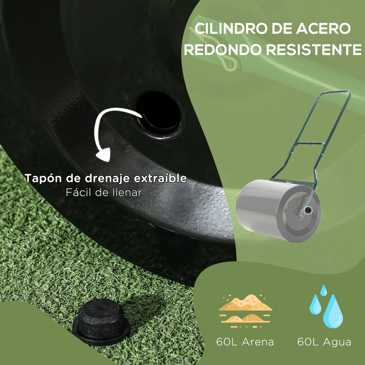 Apisonadora de césped Outsunny 60L negro Ø50 cm detalle web