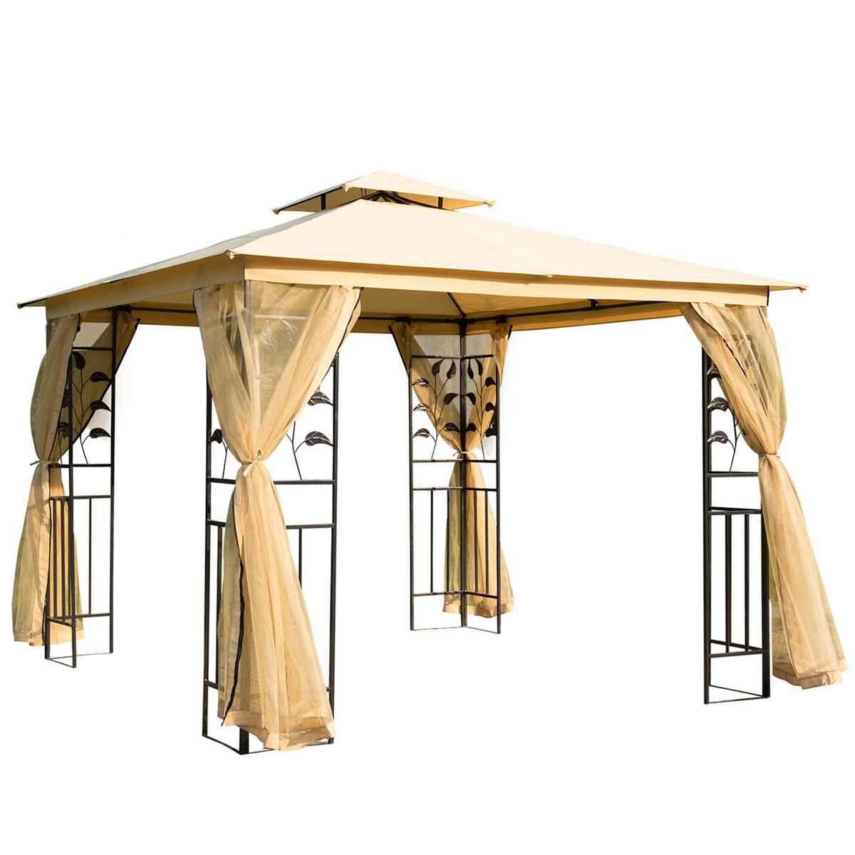 Carpa de jardín Laham Outsunny techo doble con mosquitera beige 280x300x300 cm fondo blanco