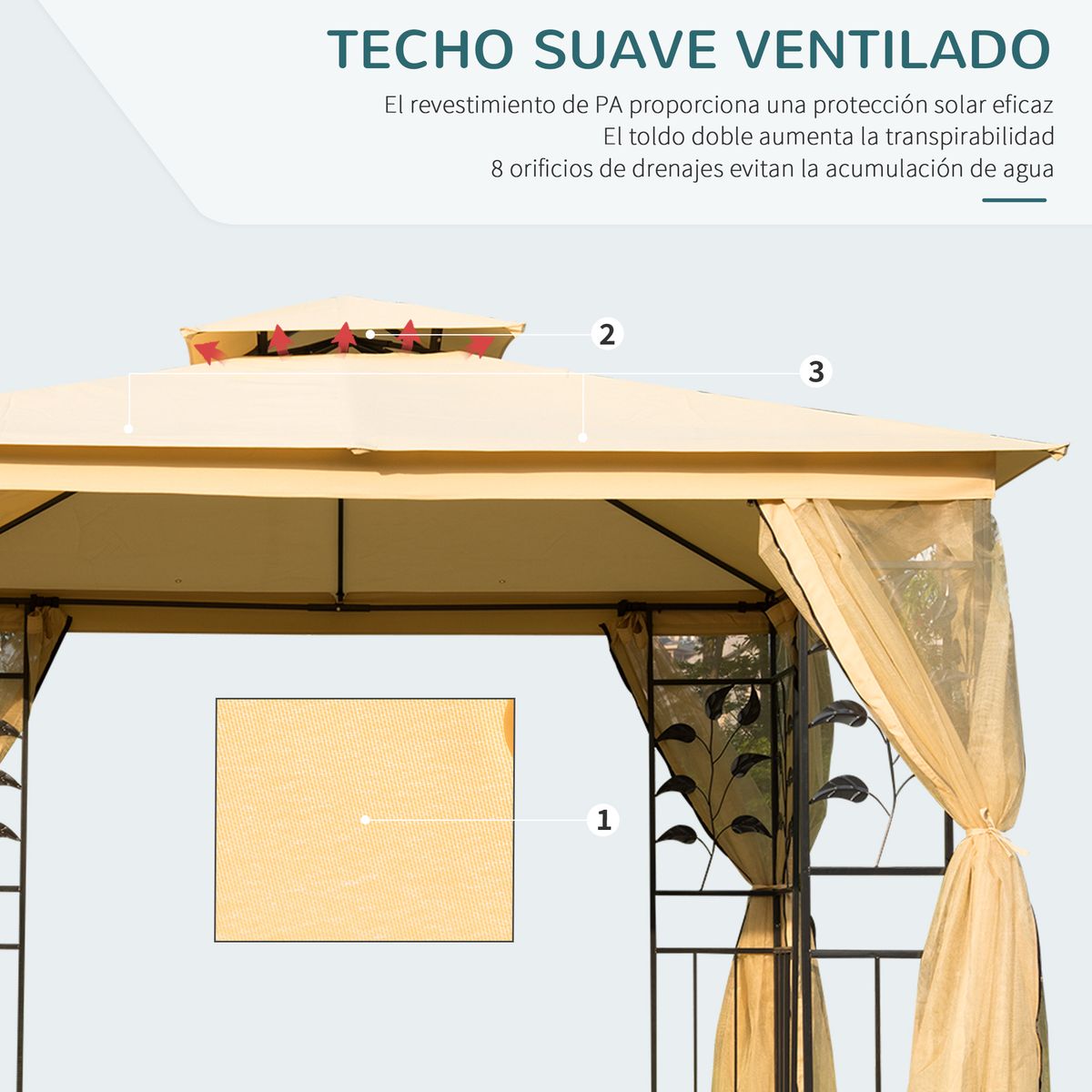 Carpa de jardín Laham Outsunny techo doble con mosquitera beige 280x300x300 cm toldo