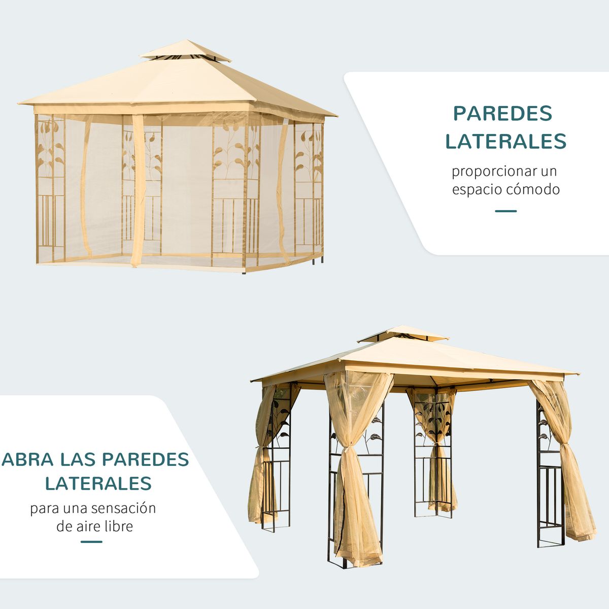 Carpa de jardín Laham Outsunny techo doble con mosquitera beige 280x300x300 cm detalle web