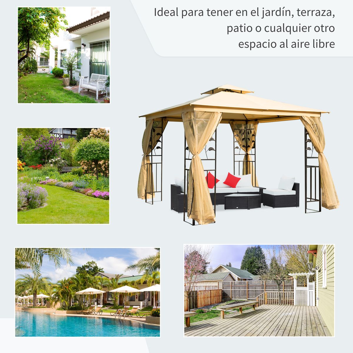 Carpa de jardín Laham Outsunny techo doble con mosquitera beige 280x300x300 cm web