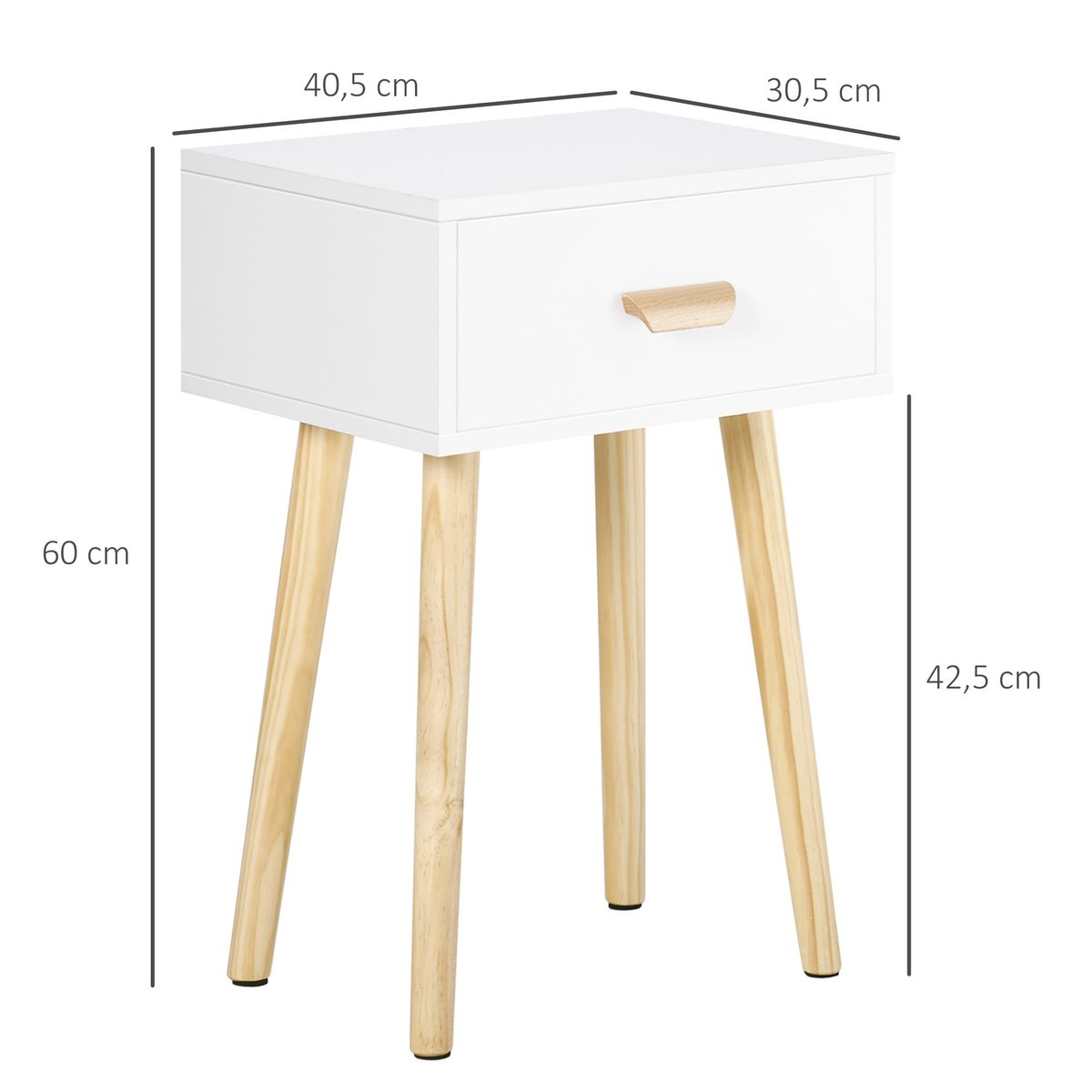 Pack de 2 mesitas de noche Florida Homcom 1 cajón blanco/natural 60x40,5x30,5 cm medidas