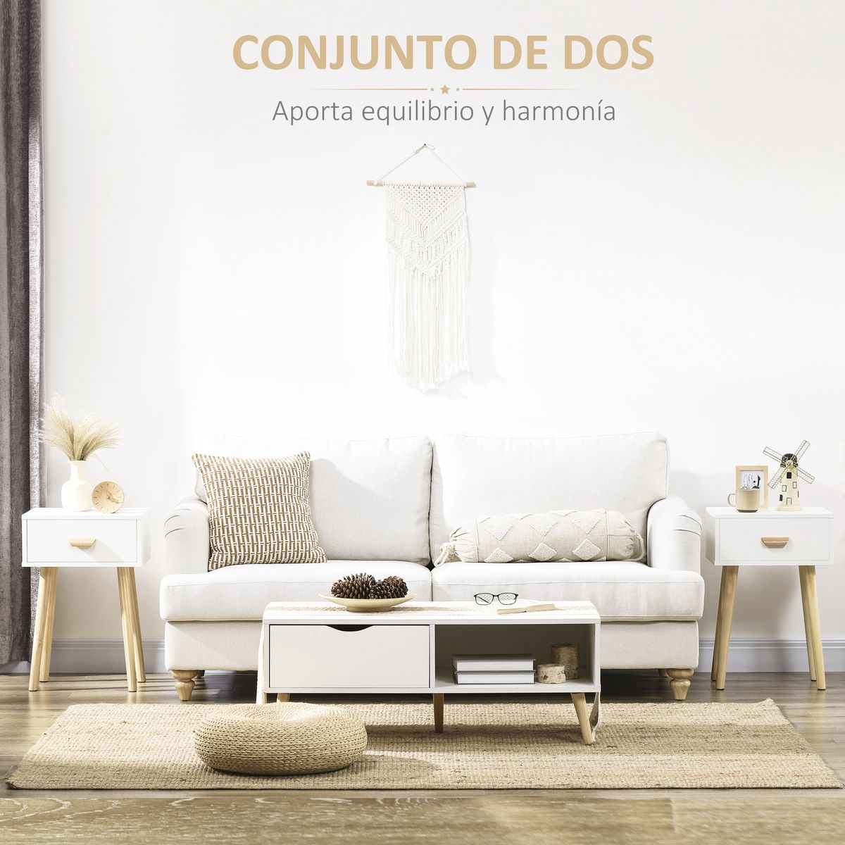 Pack de 2 mesitas de noche Florida Homcom 1 cajón blanco/natural 60x40,5x30,5 cm web