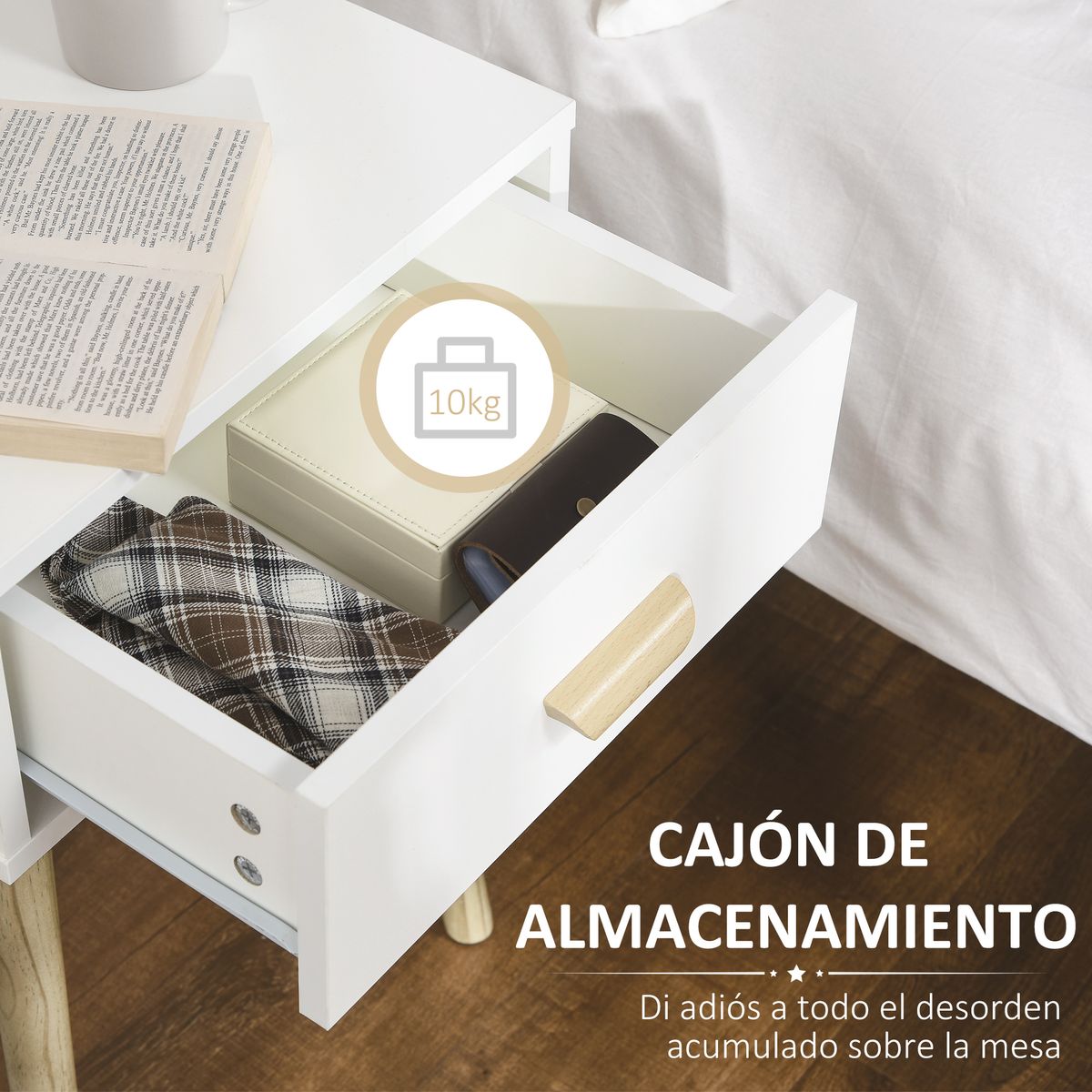 Pack de 2 mesitas de noche Florida Homcom 1 cajón blanco/natural 60x40,5x30,5 cm interior cajon