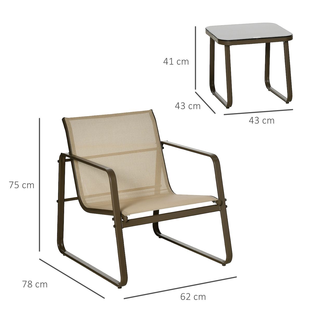 Conjunto de jardín Toe Outsunny 2 sillas + 1 mesa caqui 75x62x78 cm medidas